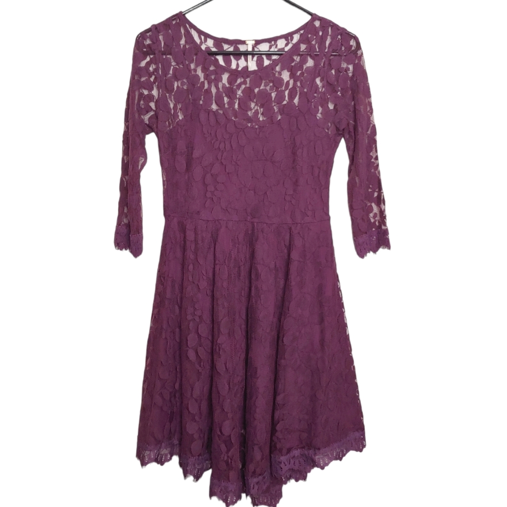 Free People Women Purple Lace Scoop Neck Half Sleeve Mini Cocktail Dress Size 2